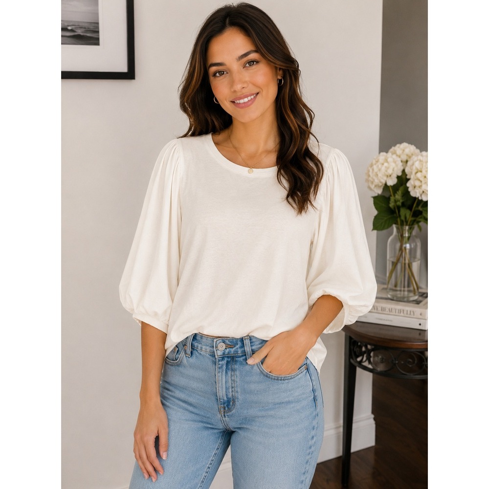 SONOMA Puff Sleeve T-Shirt Minimalist Women XL Cream NWT Cotton Blouse Top